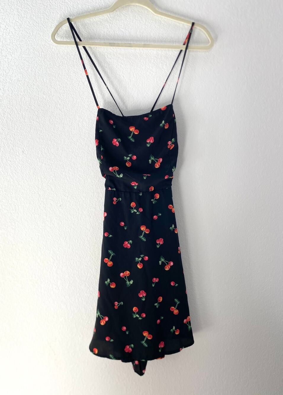 Cherry Print Slip Dress Y2K Coquette Strappy Mini Dress Black L